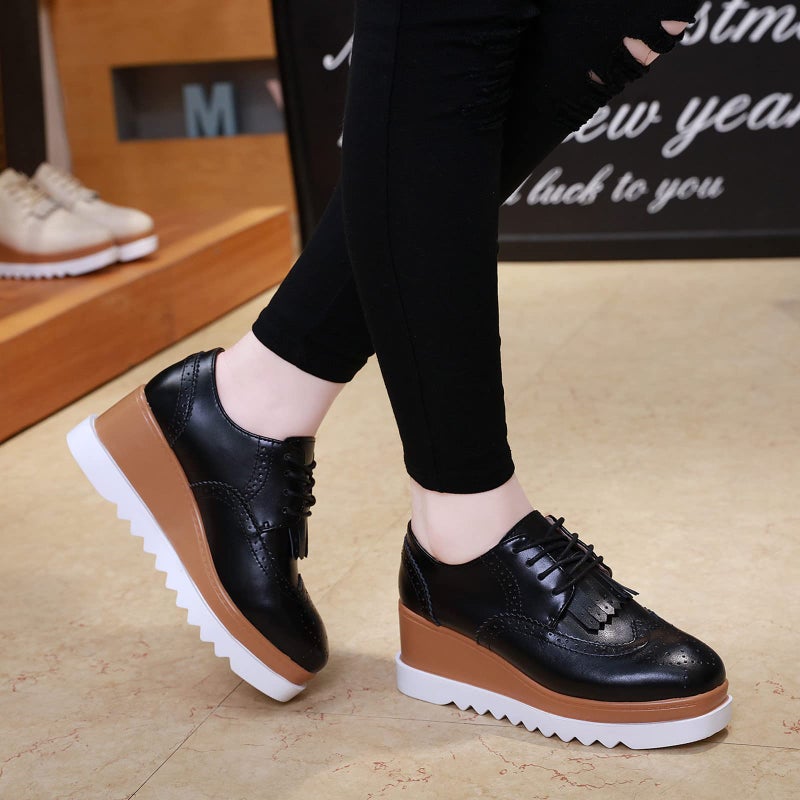 DADAWEN Women's Fashion Tassels Square-Toe Lace-up Platform Wedge Oxford Shoes Black US Size 7.5 - Image 2